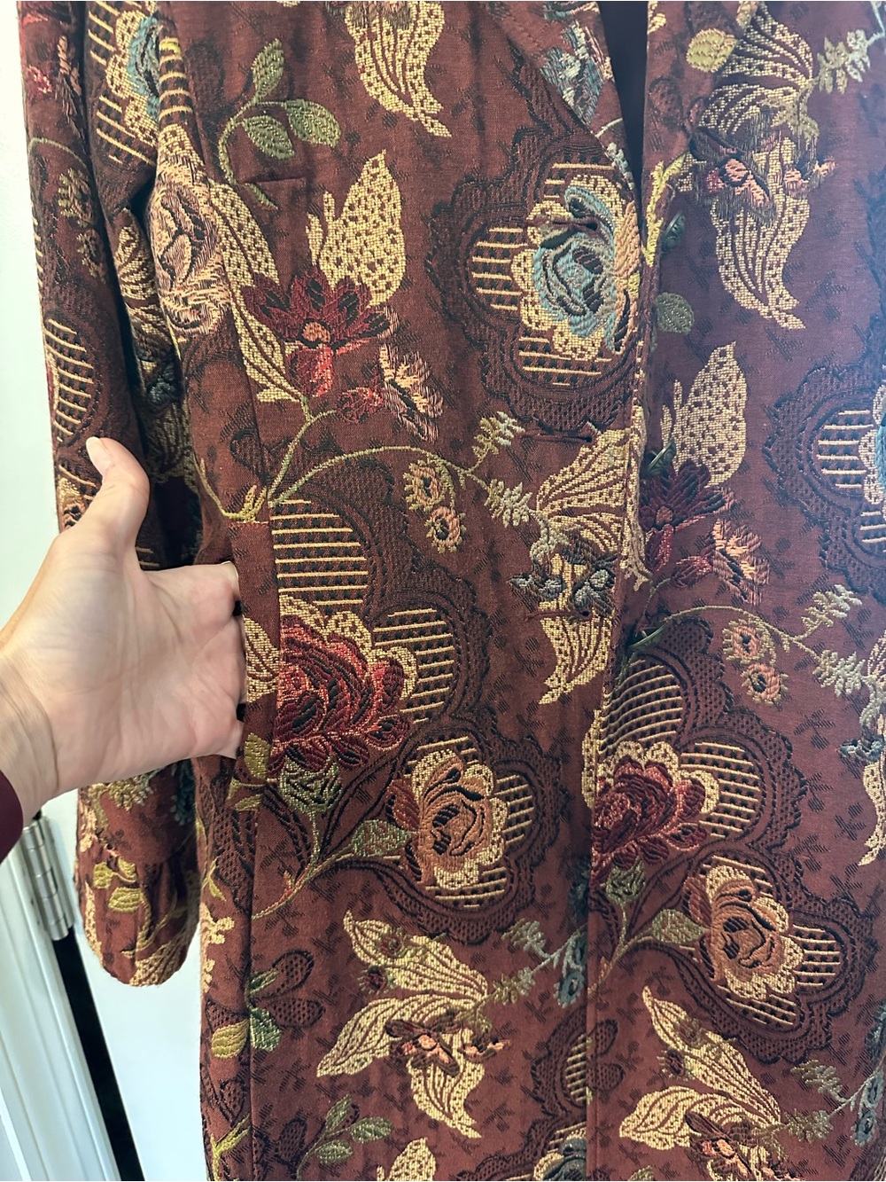 CAbi Floral-Embroidered Trench Coat in Rust and Mustard - Picture 2 of 6